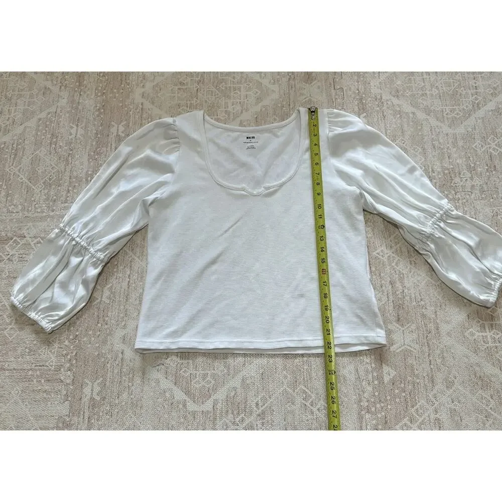 Maeve Anthropologie Top Women XL White Satin Sleeve Blouse Romantic Ribbed
